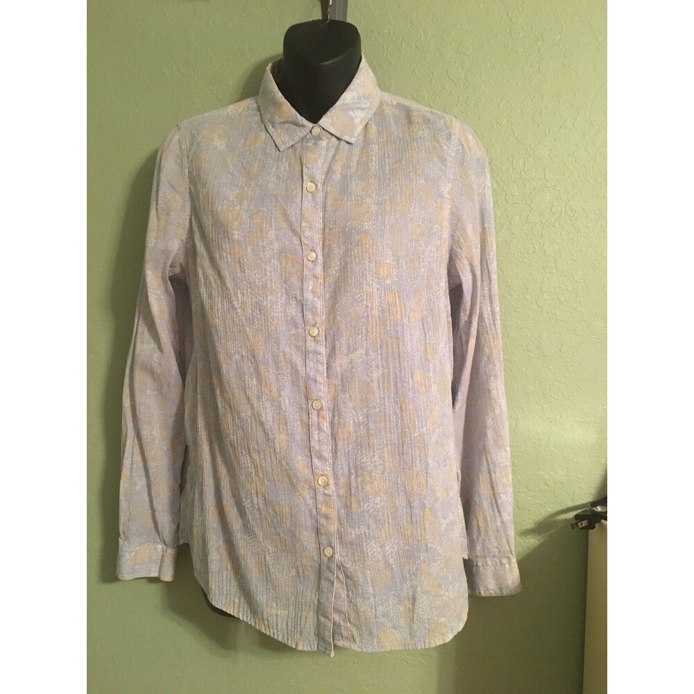 J McLaughlin Womens Top Size 6 Button Down Shirt Blue White Beige Long Sleeve